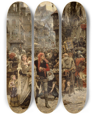 Triptych art skateboard deck of Carl Gustaf Hellqvist Valdemar Atterdag Holding Visby To Ransom 1361 by Carl Gustaf Hellqvist (1851-1890)
