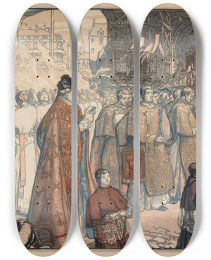 Triptych art skateboard deck of Auguste Louis Lepre La Procession De La Ftedieu Nantes by Auguste Louis Lepere (1849-1918)