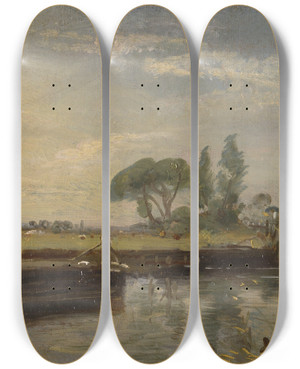 Triptych art skateboard deck of John Constable Barge Below Flatford Lock by John Constable (1776-1837)