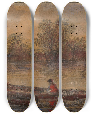 Triptych art skateboard deck of Alexander Schaepkens Rowing Boat On The Riverbank by Alexander Schaepkens (1815-1899)