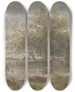 Triptych art skateboard deck of Anton Burger Landschaft Mit Jger Und Pflgendem Bauer by Anton Burger (1824-1905)