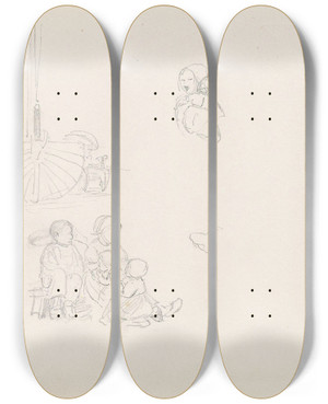 Triptych art skateboard deck of Adolph Tidemand Figur Og Btstudier by Adolph Tidemand (1814-1876)