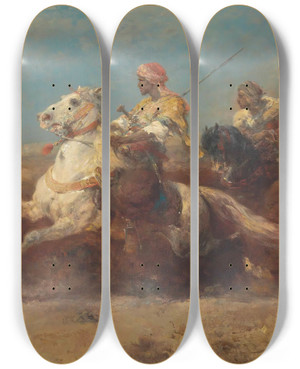 Triptych art skateboard deck of Adolf Schreyer The Ambush by Adolf Schreyer (1828-1899)