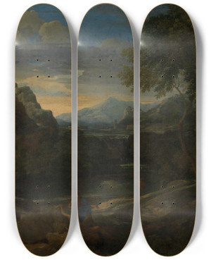 Triptych art skateboard deck of Gaspard Dughet Imaginary Landscape by Gaspard Dughet (1615-1675)