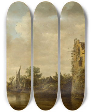 Triptych art skateboard deck of Jan Van Goyen Riverside With An Old Tower by Jan Van Goyen (1596-1656)