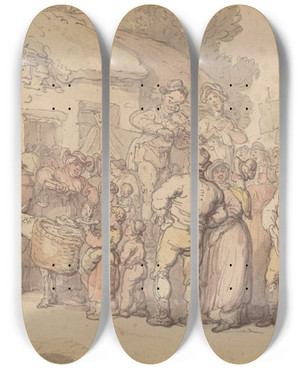 Triptych art skateboard deck of Thomas Rowlandson The Village Fair by Thomas Rowlandson (1756-1827)