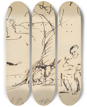 Triptych art skateboard deck of Benjamin Robert Haydon Study Of Figures Sitting Under A Tree by Benjamin Robert Haydon (1786-1846)