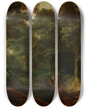 Triptych art skateboard deck of Jan Brueghel The Elder Landscape With Robbers Dividing The Loot by Jan Brueghel The Elder (1568-1625)