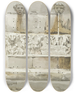 Triptych art skateboard deck of Abrahamlouisrodolphe Ducros Oude Sarcofaag Als Fontein In Messina_1 by Abraham-Louis-Rodolphe Ducros (1748-1810)