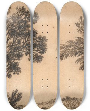 Triptych art skateboard deck of Alexander Cozens Study Of Two Willows by Alexander Cozens (1717-1786)