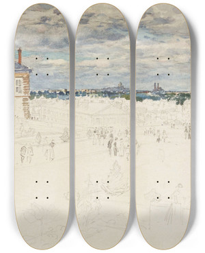 Triptych art skateboard deck of Frdric Houbron Terrasse Du Chteau De Saintcloud Saintcloud Paris Et La Tour Eiffel by Frederic Houbron (1851-1908)