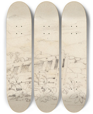 Triptych art skateboard deck of Cornelius Varley Study Of A Stonewall And A Gate by Cornelius Varley (1781-1873)