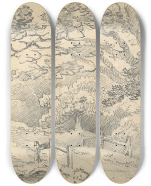 Triptych art skateboard deck of Thomas Bradshaw Rural Landscape With A Bridge by Thomas Bradshaw (1767)