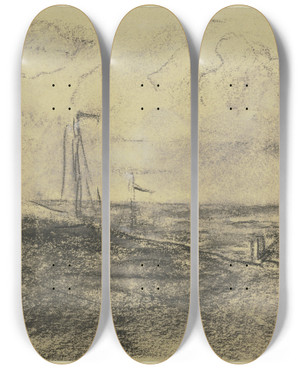 Triptych art skateboard deck of Max Liebermann Blick Auf Den Strand Mit Booten by Max Liebermann (1847-1935)