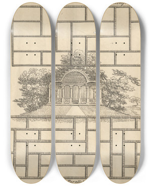 Triptych art skateboard deck of George Bickham The Elder Oblong Paling A Door Parallel Railing by George Bickham The Elder (1684-1758)