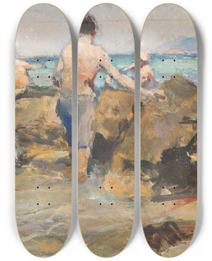 Triptych art skateboard deck of Alphons Hollaender Boys At A Rocky Beach by Alphons Hollaender (1845-1923)
