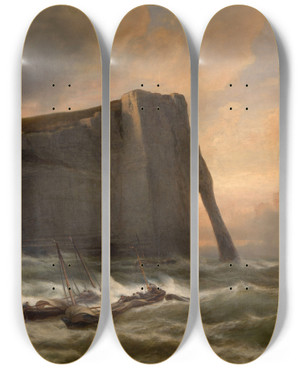 Triptych art skateboard deck of Jacob Jacobs Porte D Aval In Etretat by Jacob Jacobs (1812-1879)