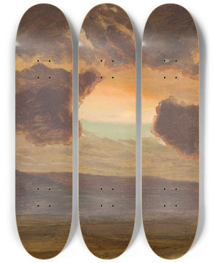 Triptych art skateboard deck of Frederic Edwin Church Sunset Over Bare Hills by Frederic Edwin Church (1826-1900)