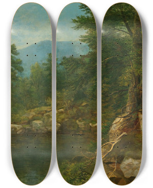 Triptych art skateboard deck of Asher Brown Durand Woods By A River by Asher Brown Durand (1796-1886)