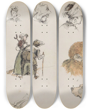 Triptych art skateboard deck of Marius Bauer Figuur En Dierstudies by Marius Bauer (1867-1932)