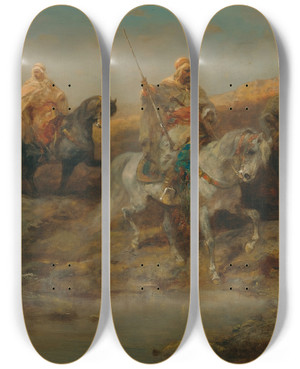 Triptych art skateboard deck of Adolf Schreyer Ridersby An Oasis by Adolf Schreyer (1828-1899)