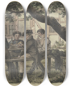 Triptych art skateboard deck of Carl Zimmermann Freiwillige Bei Der Rast Im Wirtshausgarten by Carl Zimmermann (1863-1930)