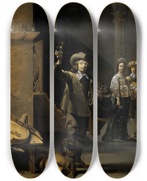 Triptych art skateboard deck of Jacob Duck The Wine Connoisseurs by Jacob Duck (1600-1667)