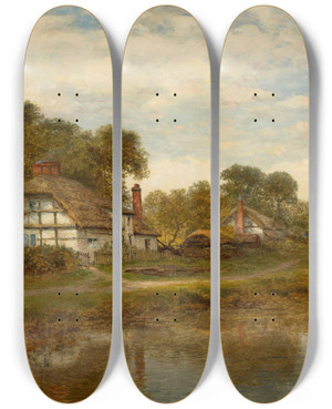 Triptych art skateboard deck of Benjamin Williams Leader Worcester Cottages by Benjamin Williams Leader (1831-1923)