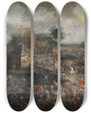 Triptych art skateboard deck of Adriaen Frans Boudewijns Market Day by Adriaen Frans Boudewijns (1644-1719)
