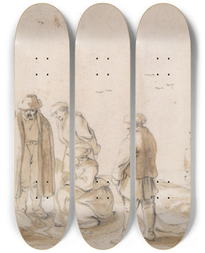 Triptych art skateboard deck of Esaias Van De Velde Fish Mongers On Thebeach by Esaias van de Velde (1587-1630)