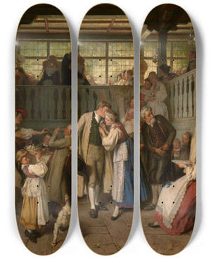 Triptych art skateboard deck of Thodore Grard Guests At A Wedding by Theodore Gerard (1829-1895)