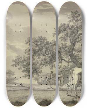 Triptych art skateboard deck of Bernhard Hendrik Thier Unter Einem Baum Ein Bauer Bei Zwei Khen by Bernhard Hendrik Thier (1743-1811)