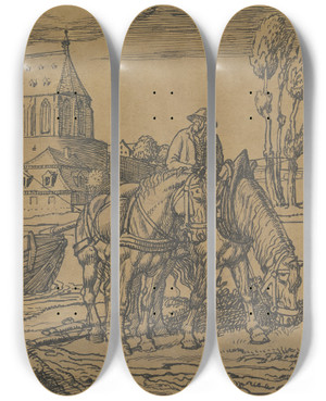 Triptych art skateboard deck of Fritz Boehle Towpath Rider by Fritz Boehle (1873-1916)
