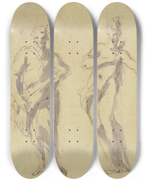 Triptych art skateboard deck of Gaspare Diziani Four Statues_2 by Gaspare Diziani (1689-1767)