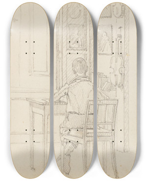 Triptych art skateboard deck of Martinus Rrbye Interir Med Siddende Dreng Set Fra Ryggen by Martinus Rorbye (1803-1848)
