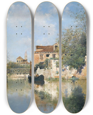 Triptych art skateboard deck of Rafael Senet Y Perez A Venetian Canal by Rafael Senet Y Perez (1856-1926)
