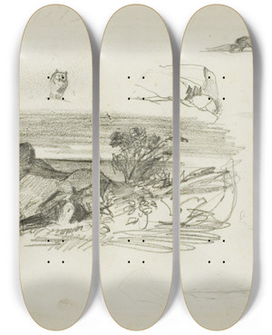 Triptych art skateboard deck of Charles Franois Daubigny Sketches Rocky Setting And Rabbits by Charles Francois Daubigny (1817-1878)