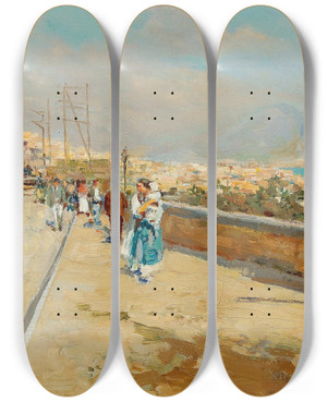 Triptych art skateboard deck of Giuseppe Giardiello Scene Near Naples Ii by Giuseppe Giardiello (1877-1920)