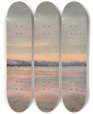 Triptych art skateboard deck of Edward Emerson Simmons Winter Twilight On The Charles River by Edward Emerson Simmons (1852-1931)