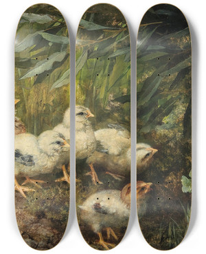 Triptych art skateboard deck of Franz Xaver Birkinger Chicks And A Butterfly by Franz Xaver Birkinger (1822-1906)