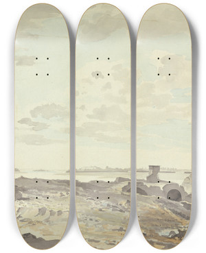 Triptych art skateboard deck of Samuel Davis Ruined Fort On A River by Samuel Davis (1757-1819)