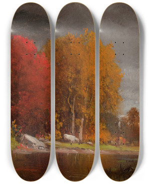 Triptych art skateboard deck of Junius Ralston Sloan Hudson River Landscape In Autumn by Junius Ralston Sloan (1827-1900)