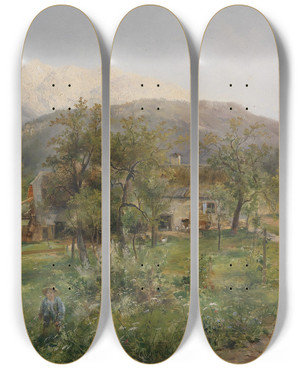 Triptych art skateboard deck of Emil Barbarini Blick Auf Den Dobratsch by Emil Barbarini (1855-1933)