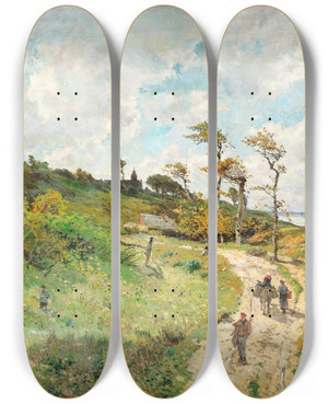 Triptych art skateboard deck of Edmondmarie Petitjean Path By The Seaside by Edmond Marie Petitjean (1844-1925)