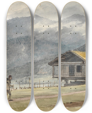Triptych art skateboard deck of Martinus Rrbye Fjeldlandskab Med Hytte Og Vandrer by Martinus Rorbye (1803-1848)