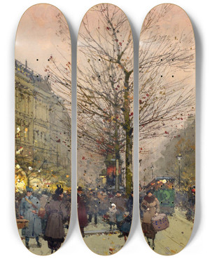 Triptych art skateboard deck of Eugne Galienlaloue Les Grands Boulevards Paris by Eugene Galien Laloue (1854-1941)