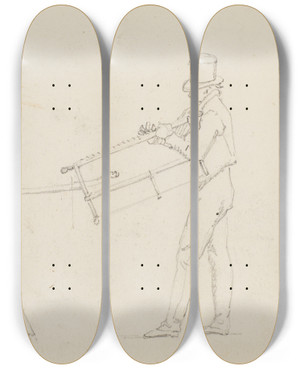 Triptych art skateboard deck of Martinus Rrbye Mand Ved En Savbuk Holdende En Sav by Martinus Rorbye (1803-1848)