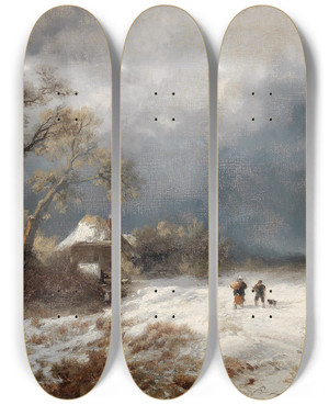 Triptych art skateboard deck of Remigius Adrianus Van Haanen Returning Home In A Winter Landscape_1 by Remigius Adrianus Van Haanen (1812-1894)