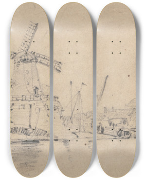 Triptych art skateboard deck of John Sell Cotman River And Windmill by John Sell Cotman (1782-1842)