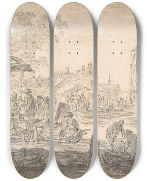 Triptych art skateboard deck of Jan Van Goyen A Fair by Jan Van Goyen (1596-1656)